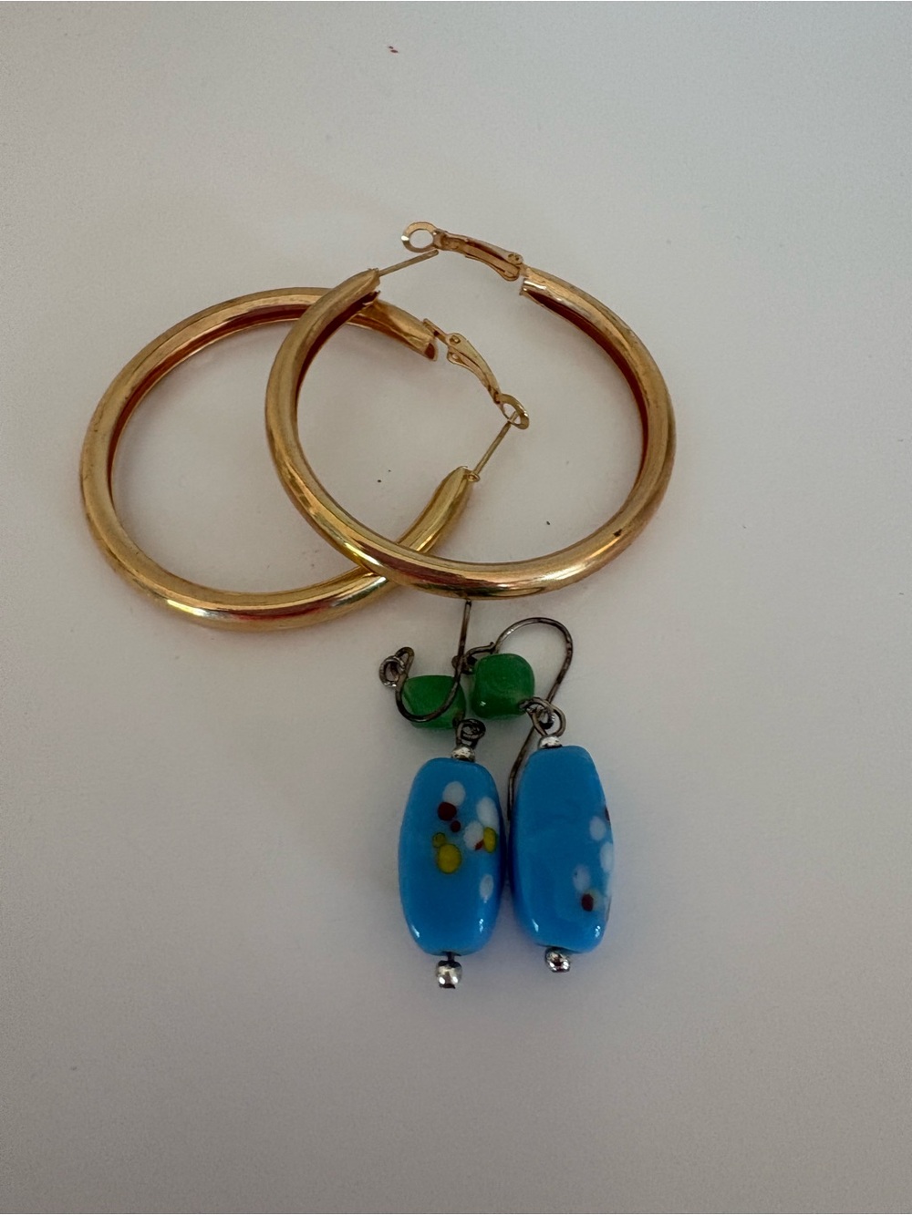 Gold Hoop and Blue Glass Drop Earring Set